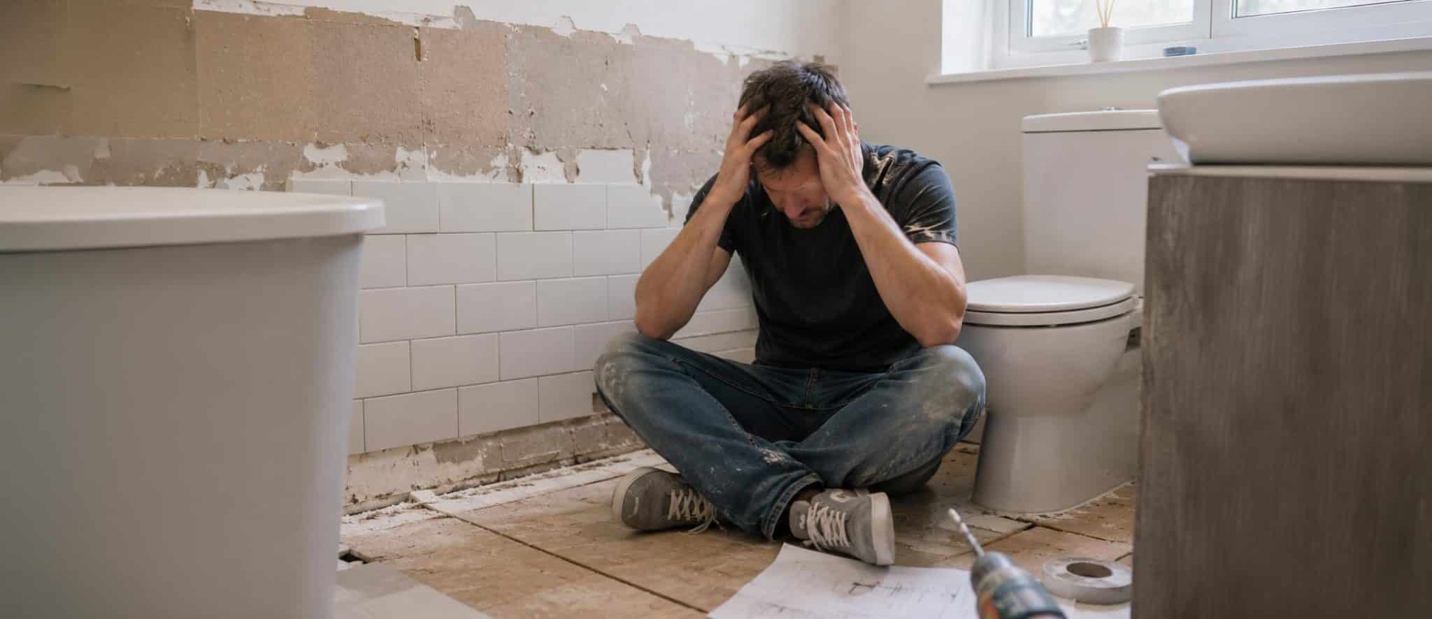 Stressed homeowner during a bathroom renovation gone wrong, illustrating common bathroom renovation mistakes
