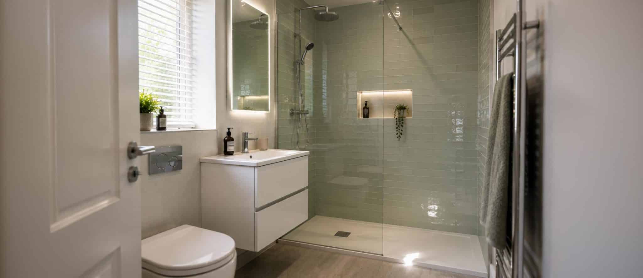 Walk-in shower renovation with green tiling in a North Somerset bathroom, part of a walk-in shower or bathtub project in Congresbury